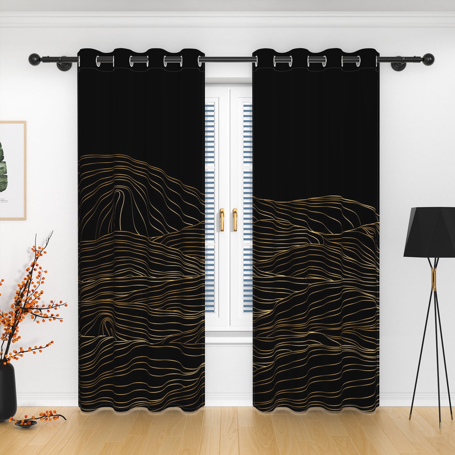 Lfeey Gold Line Wave Blackout Curtains, Bedroom Darkening Blackout Curtains, 52x96 inches, Black Gold, 2 panels