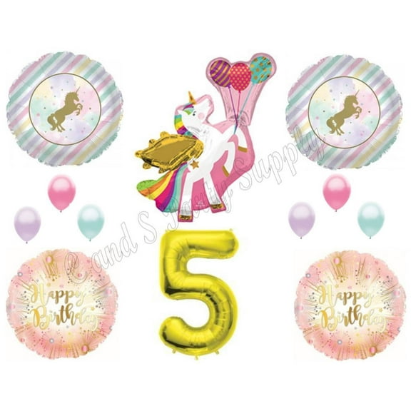 WINGED UNICORN 5th Happy Birthday Party Balloons Decoration Pastel Gold Fifth