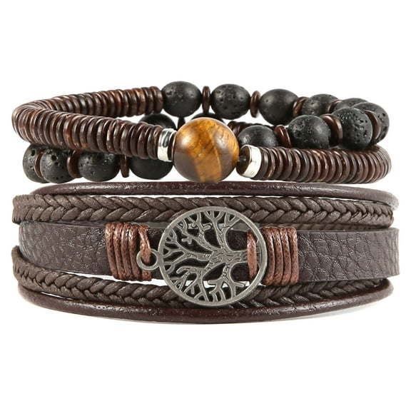 HZMAN Genuine Leather Tree of life Bracelets Men Women, Tiger Eye Natural Stone Lava Rock Beads Ethnic Tribal Elastic Bracelets Wristbands (Brown)