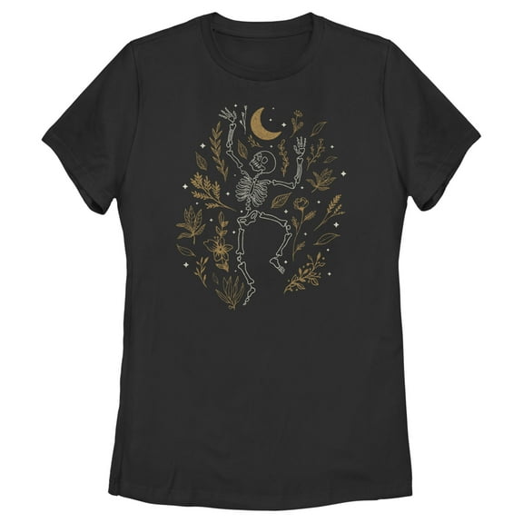 Women's Lost Gods Halloween Skeleton and Fall Leaves  Graphic Tee Black 2X Large