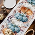 thumbnail image 6 of Fall Table Runner Thanksgiving Orange Blue White Pumpkin Table Runners Autumn Eucalyptus Leaf Wood Grain Cotton Linen Dresser Scarf Kitchen Dining Table Decor for Fall Holiday Party Decor 13x36 Inch, 6 of 9