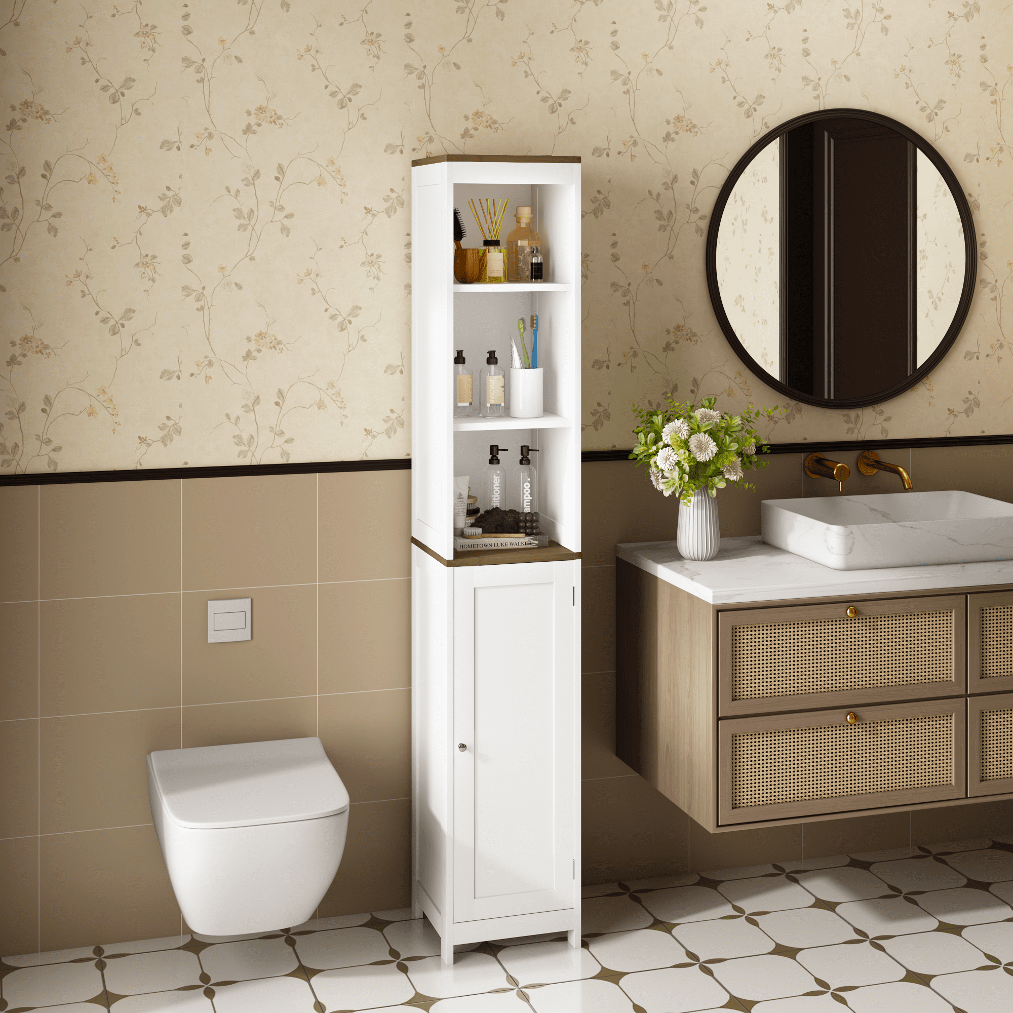 Tall Bathroom Storage Cabinet with Reversible Door, Freestanding Linen Tower with Open Shelves and Enclosed Cabinet, Narrow Floor Cabinet Organizer for Bathroom, Laundry Room or Small Spaces – White