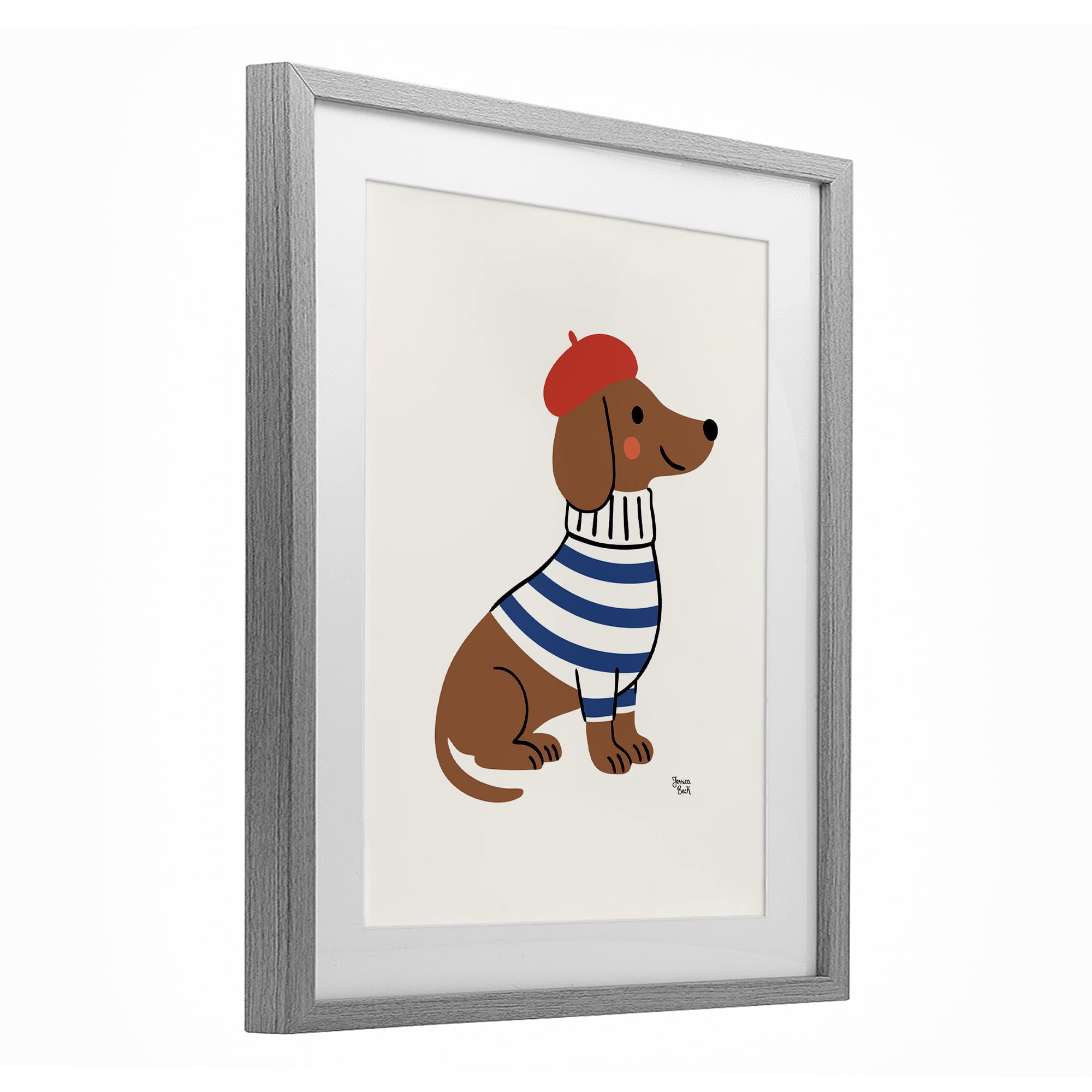 French Dachshund in Beret Gray Framed Print Under Glass, design by Jessica Beck