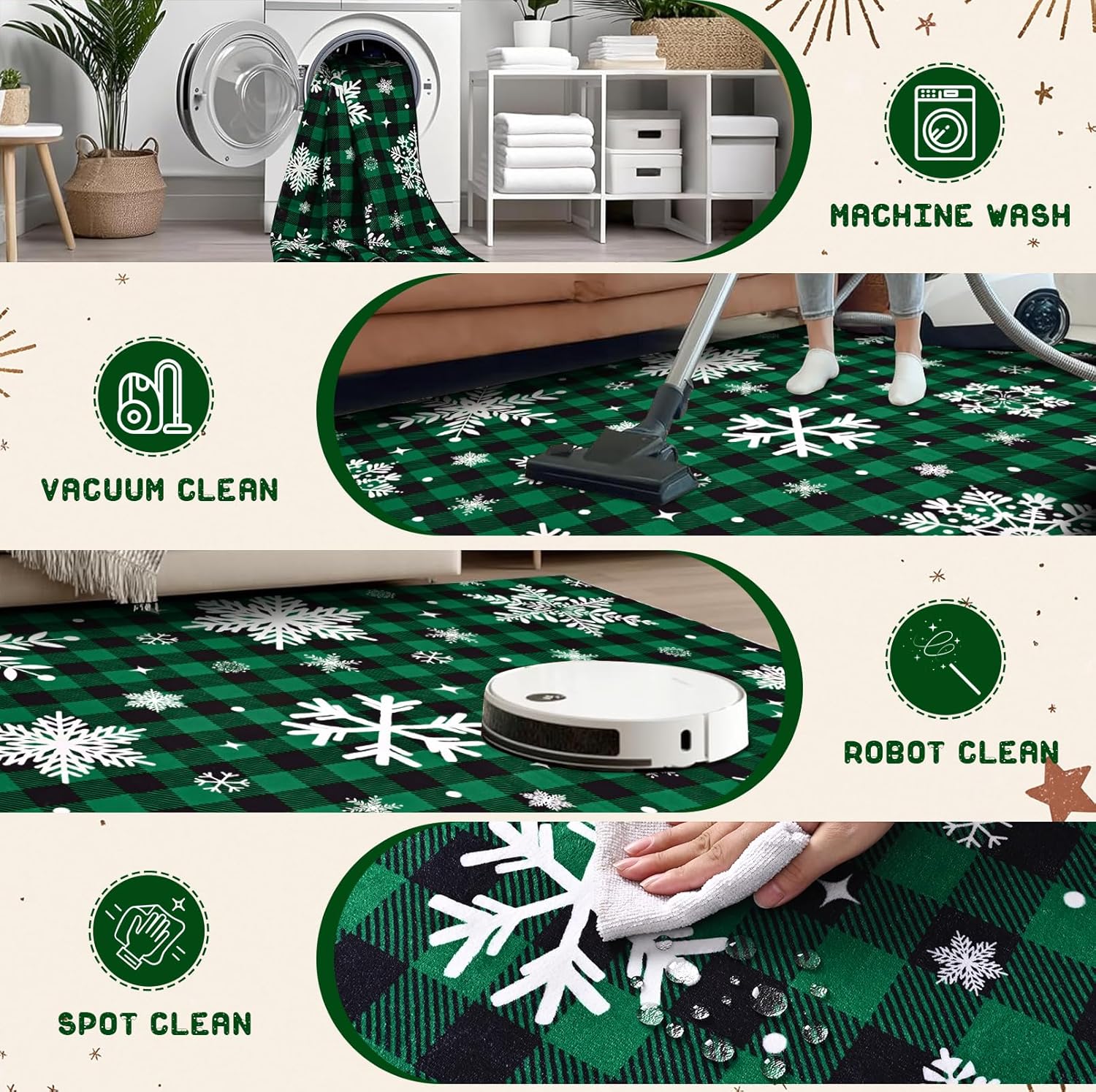 Bleum Cade Christmas Snowflake Area Rugs 2x3 Entryway Rug, Green Buffalo Plaid Non Slip Washable Door Mat,Outdoor Indoor Welcome Mat for Entrance,Christmas Decorations