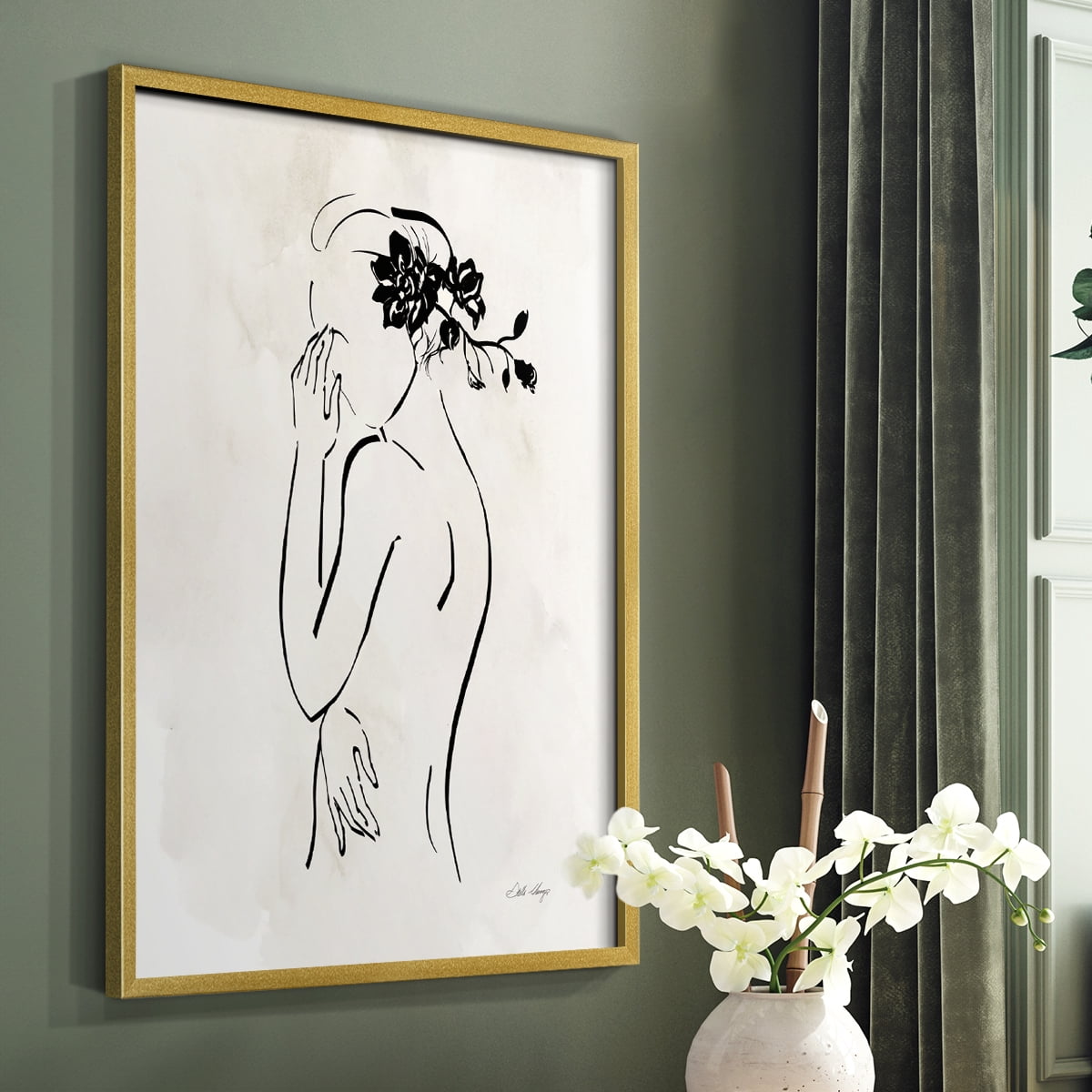 Romantic Line Art II in Gold Solid Wood 11 x 14 Framed Print