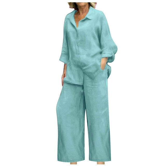 Women 2 Piece Linen Sets 2025 Button Up Long Sleeve Shirt Drawstring Wide Leg Pants Set Summer Outfits