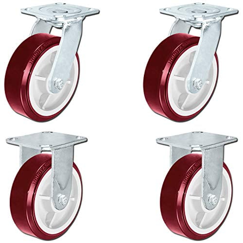 6 X 2 Swivel Caster Heavy Duty Red Polyurethane Wheel on Steel Hub with Brakes and Fixed 2 CasterHQ Brand 4,800lbs Per Set of 4 Tool Box Casters 6 2 
