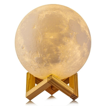 TSV Night Light 3D Printing Moon Lamp Rechargeable Lunar Night Light, Dimmable Touch Control Brightness Two Tone Home Decorative Lights Baby Night Light with Wooden