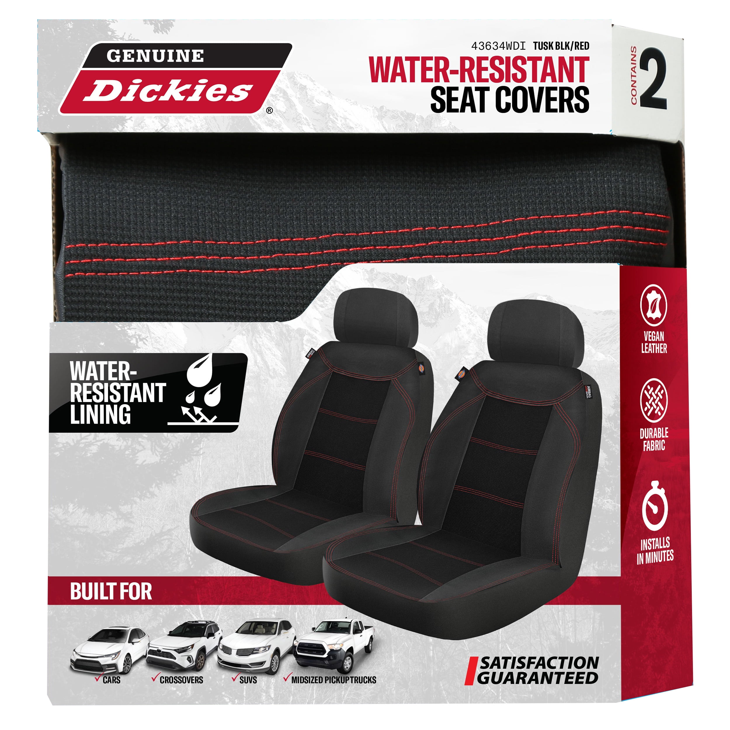 Genuine Dickies Durasport Vegan Leather Universal Truck Seat Covers, Black & Red, 2-Piece Set