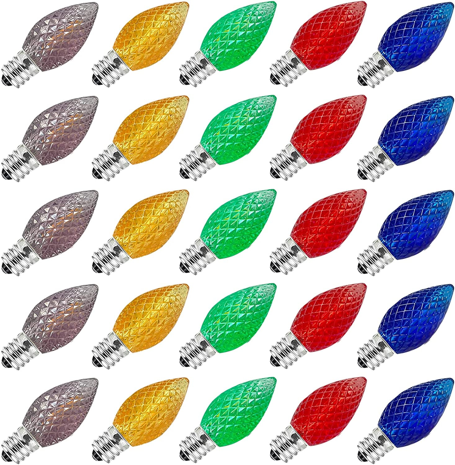 25Pack C7 LED Multicolor Christmas Light Bulb, E12 Candelabra Base