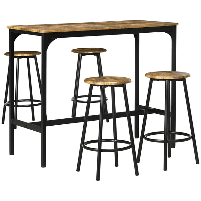 Industrial 5-Piece Bar Table Set with Counter Height Stools - Rustic Brown Kitchen Dining Set for 4 - Compact Design for Small Spaces
