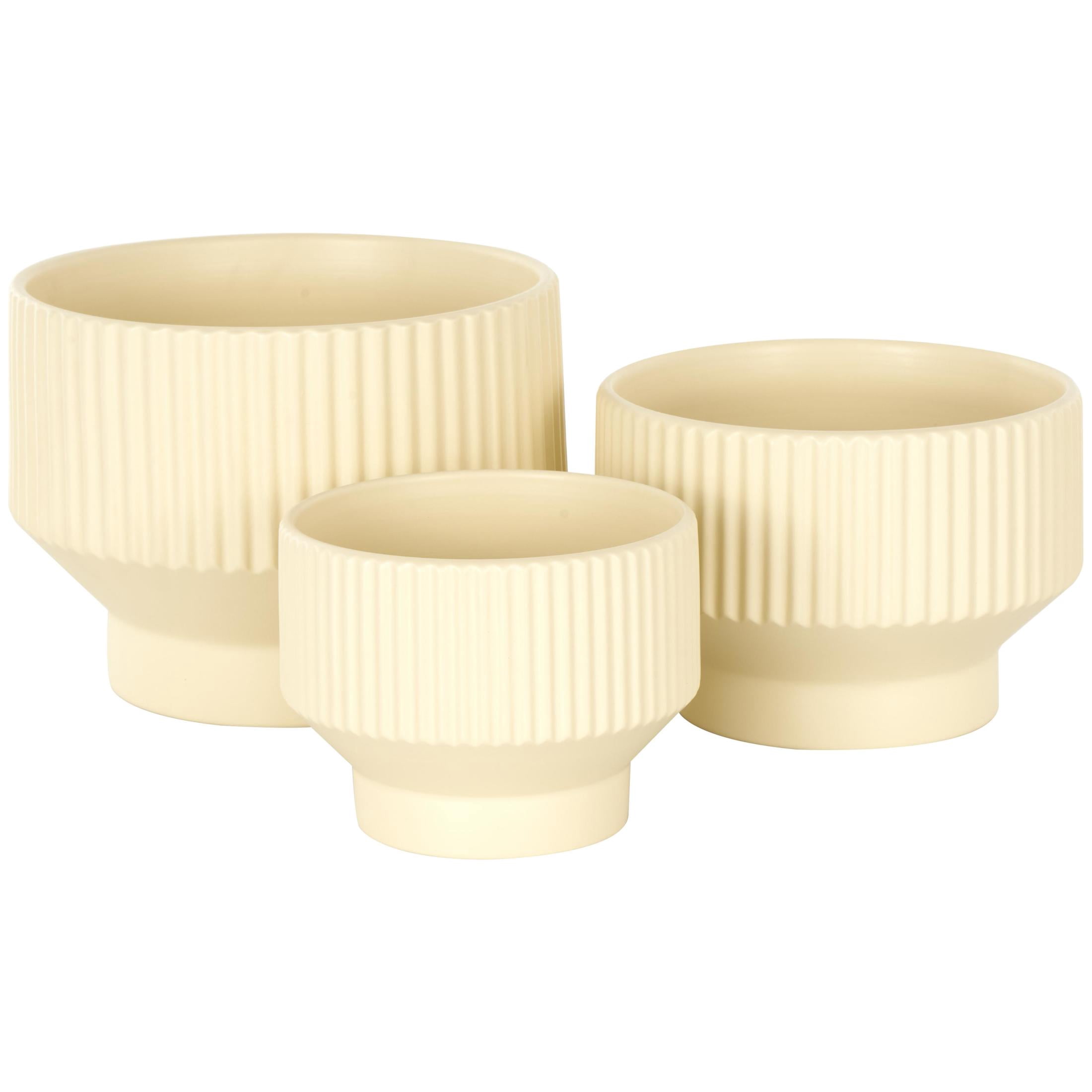 DecMode 10", 8", 7"W Wide Cream Ceramic Planter with Linear Grooves and Tapered Bases (3 Count)