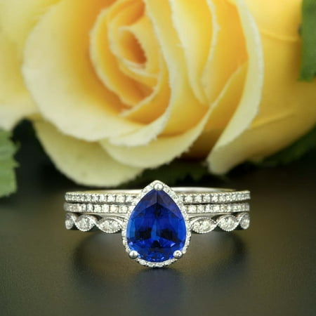 Diamond & Sapphire Wedding Ring - Art Deco 2 Carat Pear Cut Real Sapphire and Diamond Wedding Trio Ring Set with Engagement Ring and 2 Wedding Bands in 18k Gold Over Silver
