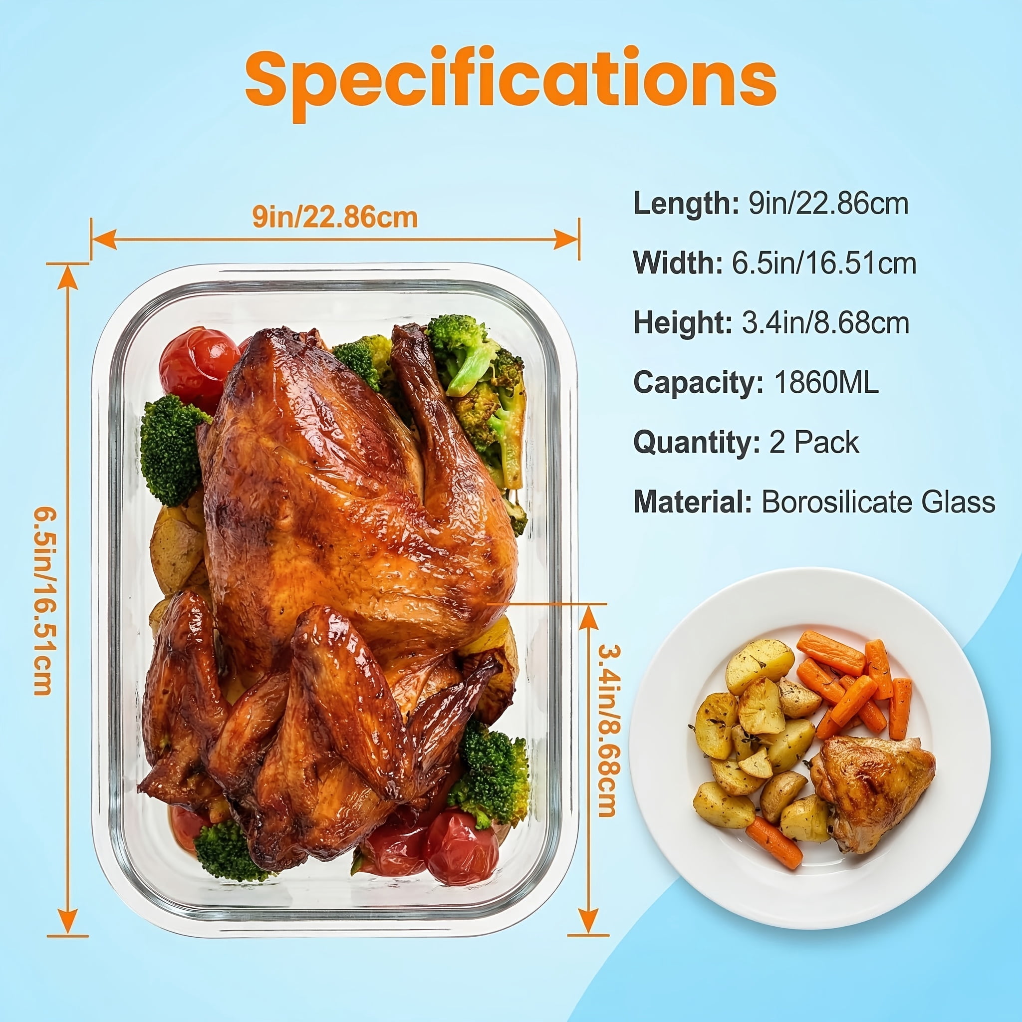 2 Pack Large Glass Food Storage Containers, 63 oz Extra Large Meal Prep Container Set with Airtight Locking Lids, Leak-Proof & BPA-Free