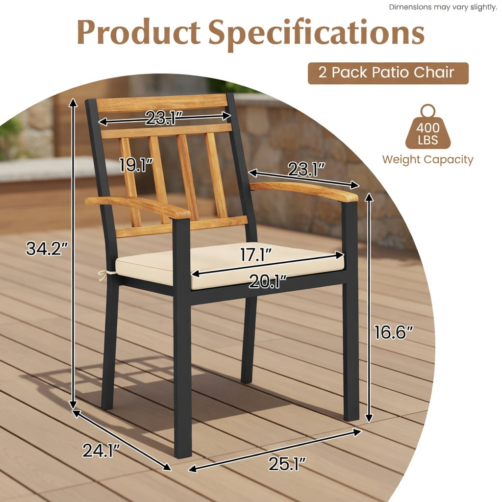 Hommoo 2-Pack Modern Patio Dining Chairs with Removable Cushions, Acacia Wood Outdoor Chairs, Ergonomic Design, Easy-Clean Fabric Seats, Black & Natural