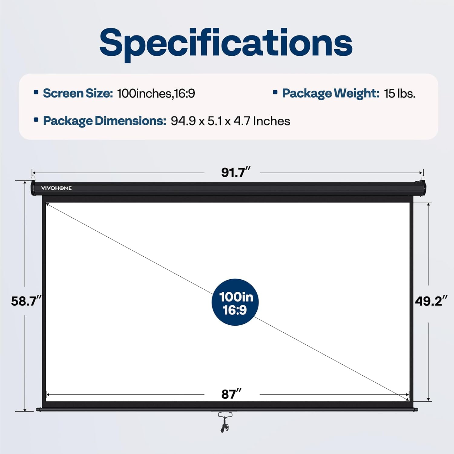 SPECSTAR 100 inch Manual Pull Down Projector Screen, 16:9 HD Retractable Projector Screens for Movie Home Theater Cinema Office Video Game, Black