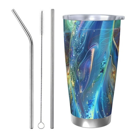 

Salouo Colorful Winged Dolphin Print 20oz Tumbler with Lid Stainless Steel Vacuum Insulated Tumbler Durable Insulated Coffee Mug Thermal Cup with Splash Proof Sliding Lid-Straw Three-piece Set