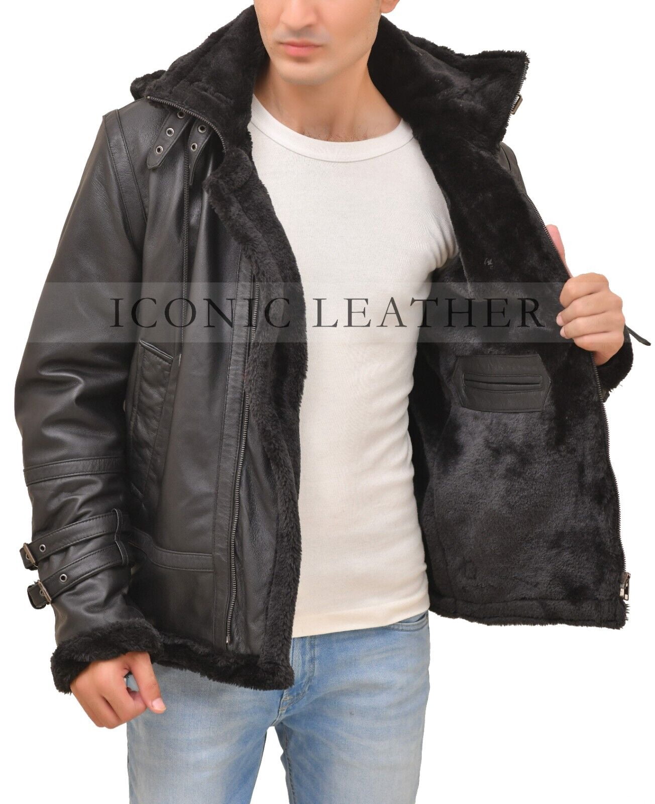 Men's B3 Black Bomber GENUINE Leather Jacket With Removable Hood