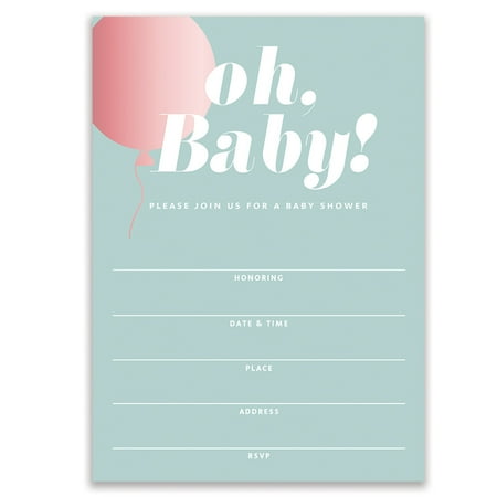 Oh Baby Shower Girl Pink Balloon Invitations Blank Invites with Envelopes ( Pack of 25 ) Large 5x7” Fill-in Style Mommy-To-Be Expecting Newborn Child Welcome Little One Infant Excellent Value VI0074B