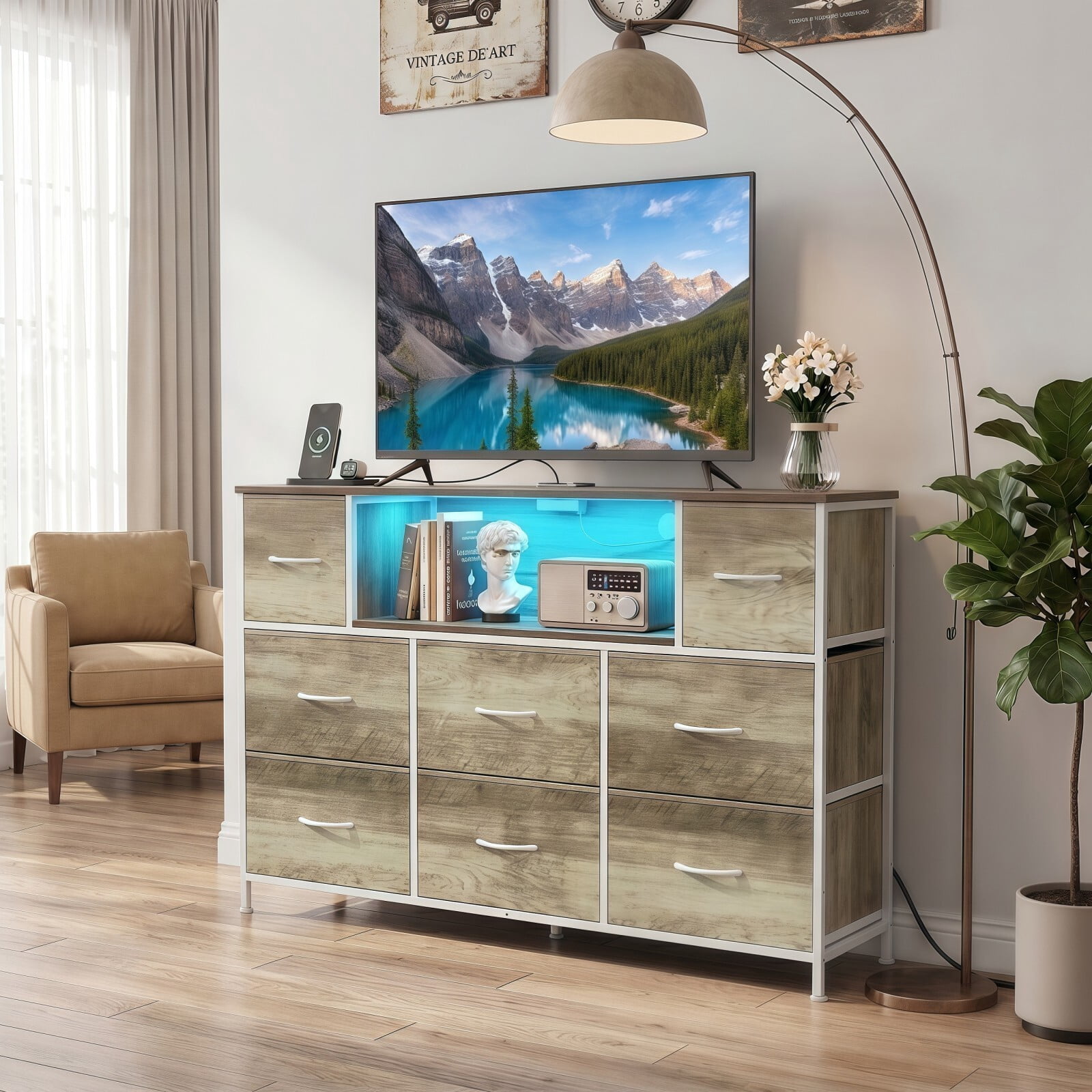 BEAUTYPEAK TV Stand Dresser with 8 Fabric Drawers LED Light Open Shelf AC & USB-C Charging Station, Oak