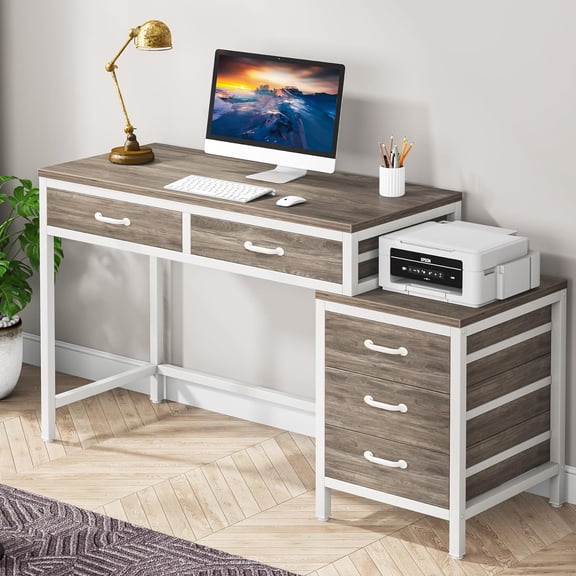 Tribesigns Computer Desk with 5 Drawers, Home Office Desks with Reversible Drawer Cabinet Printer Stand, Industrial PC Desk with Storage, Rustic Study Writing Table Workstation for Small Spaces