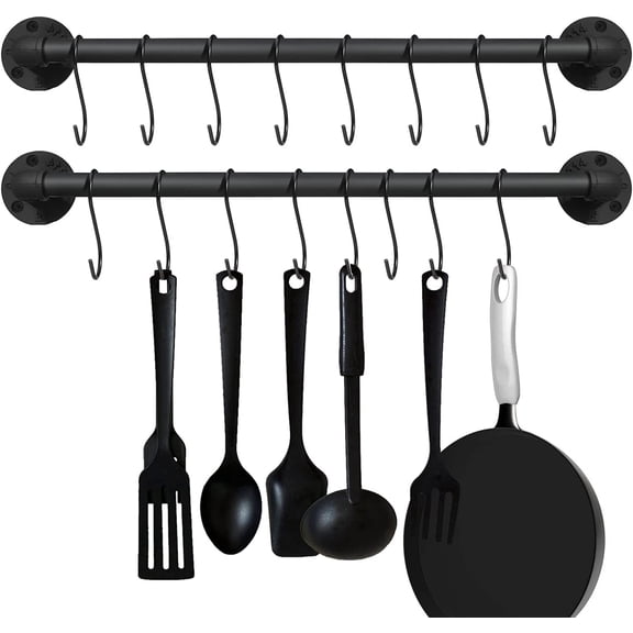 21 inch Pot Pan Bar Rack Wall Mounted Set of 2 with 16 Hooks Industrial Pipe Pot Hanger Rustic Iron Pan Hanging Rail Pipe Towel Holder Kitchen Utensil Organizer Black