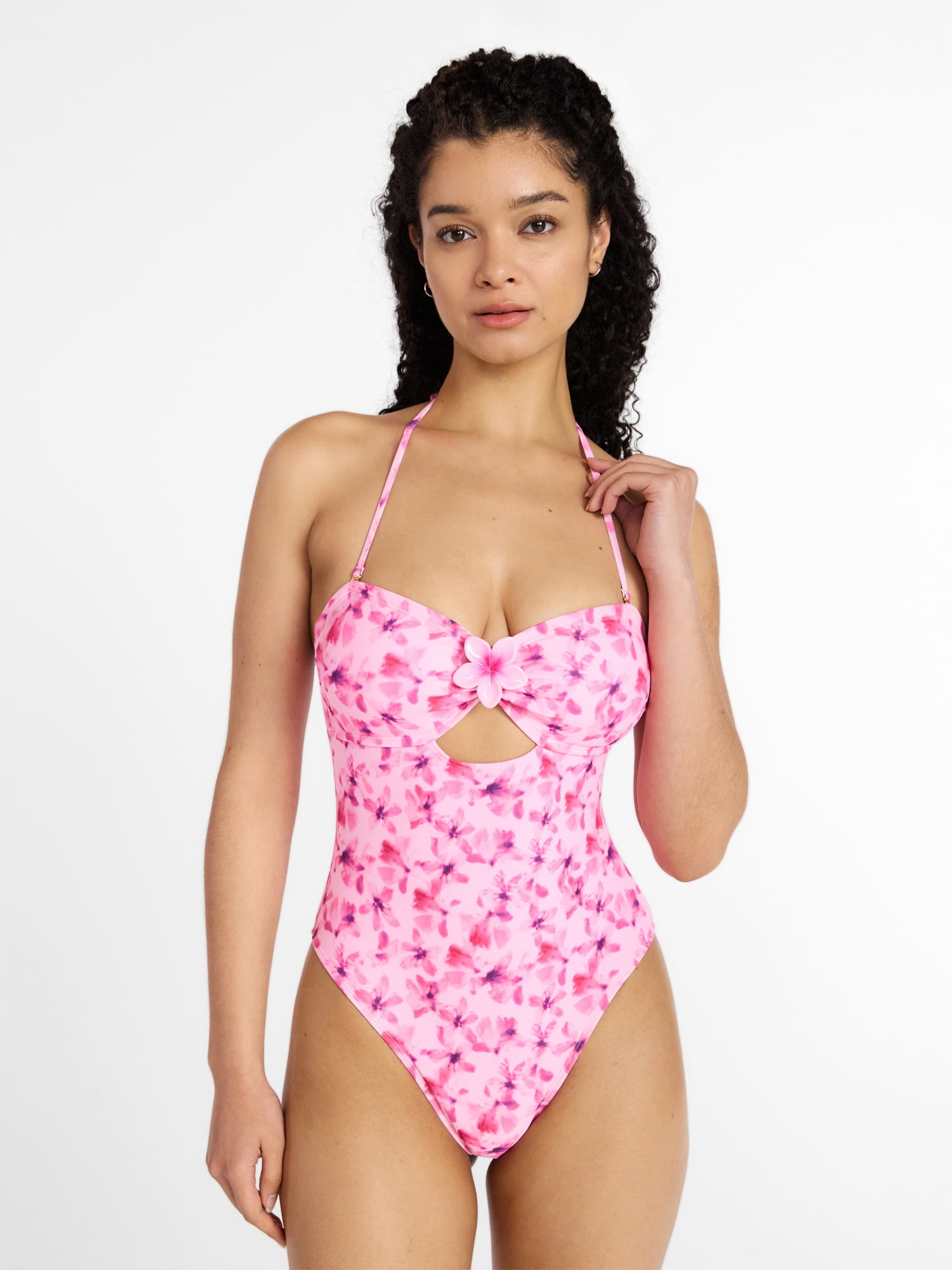 No Boundaries Floral Cut Out Bandeau One Piece Swimsuit, Women's XXS -XXL