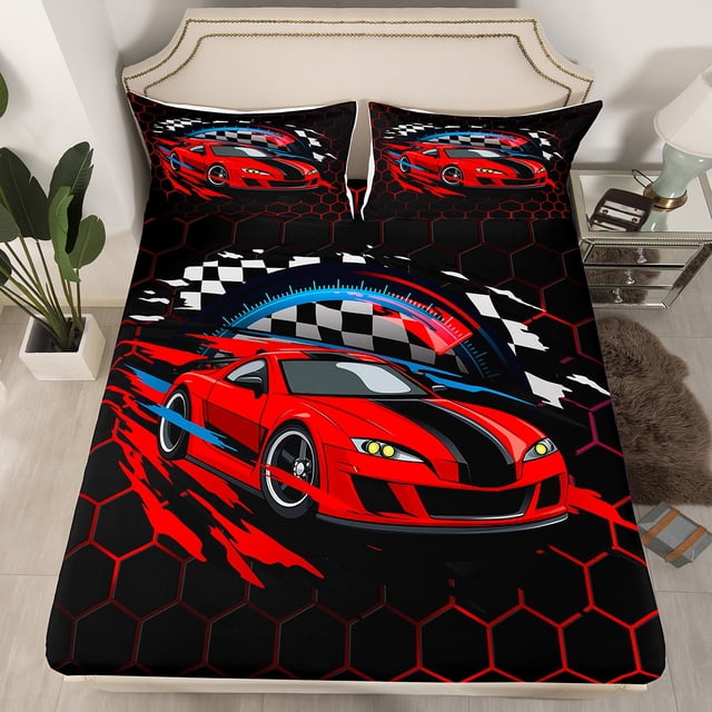 Erosebridal Cool Speed Racing Car Fitted Sheet Set Full, Neon Gradient Honeycomb Bed Set, Black Red, Microfiber 3 Pieces