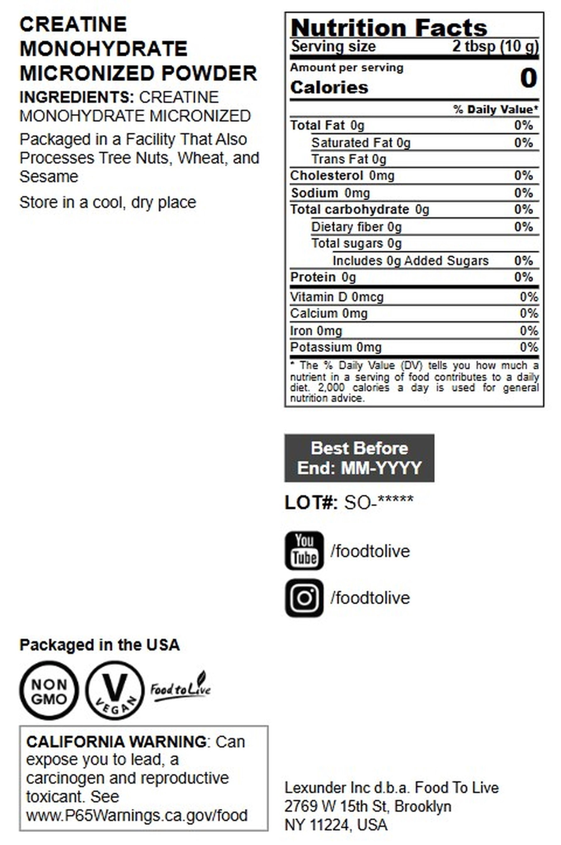 Creatine Monohydrate Micronized Powder, 5 Pounds – Keto, Vegan, Non-GMO, Bulk – by Food to Live