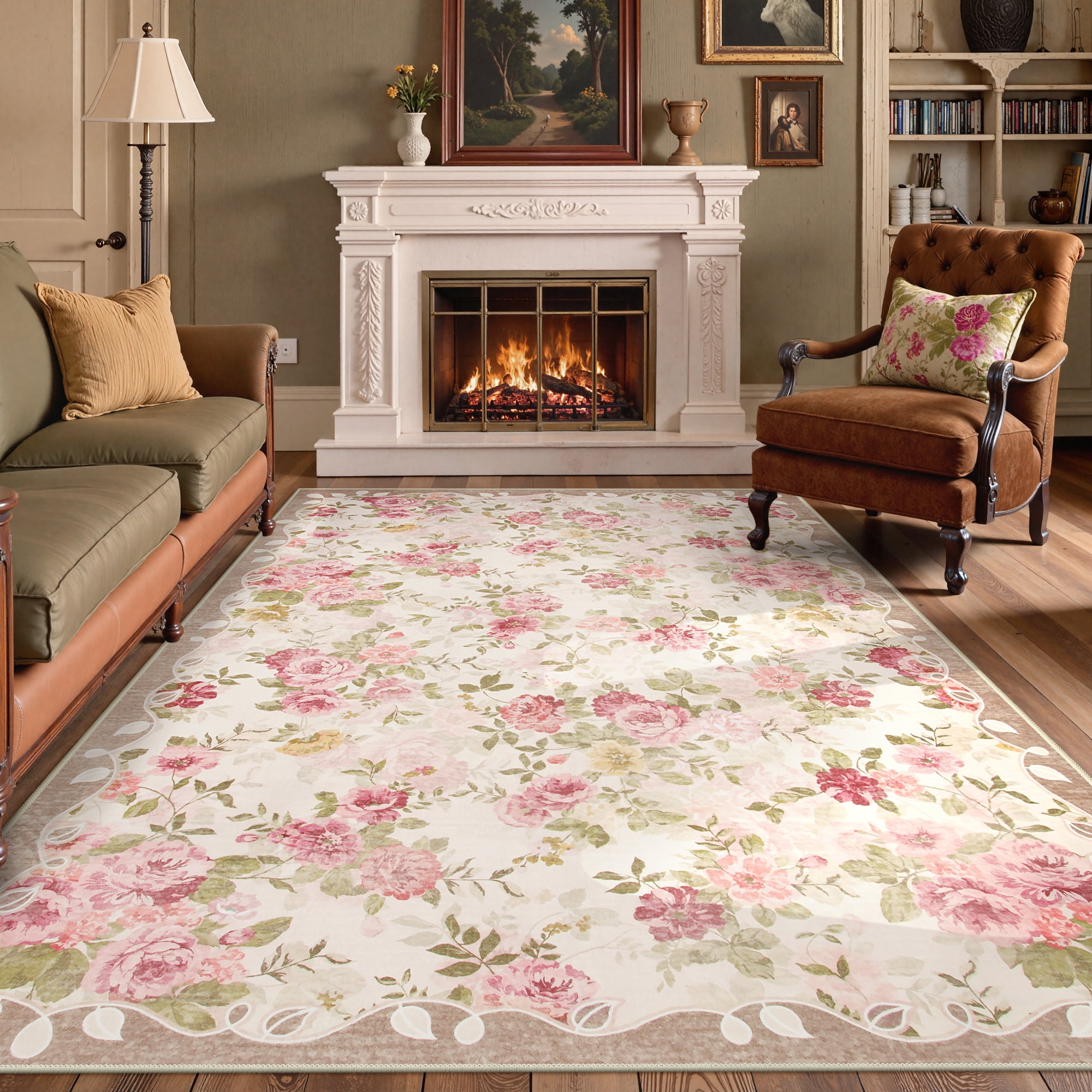 Lahome Decor 6'x9' Boho Floral Area Rug 6x9ft Washable Rugs for Living Room,Vintage Girls Rugs for Bedroom Ultra-Thin Non Slip Nursery Rug Girl Carpet for Playroom Dining Room Nursery,Beige