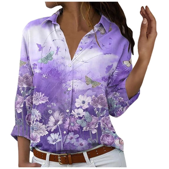 QLEICOM Women's Long Sleeve Turndown Collar Crewneck Button Casual Elastic Comfy Blouses Shirts Tops Purple L, US Size 8