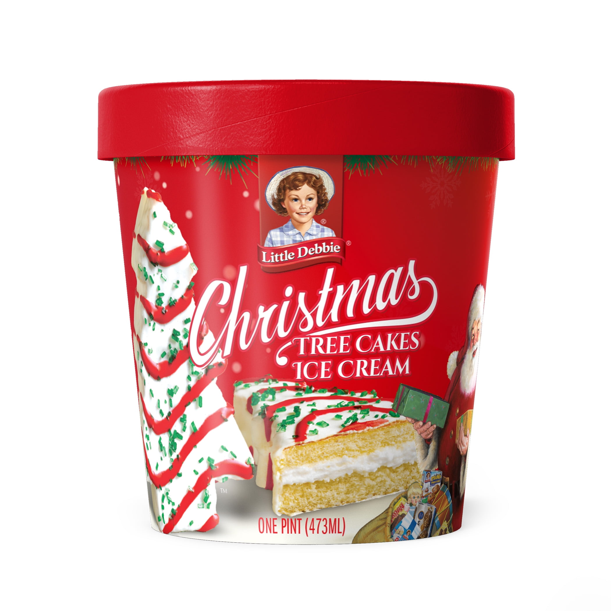 Little Debbie Christmas Tree Cake Ice Cream, Vanilla Ice Cream with Cake Chunks, Green Sprinkles and Red Icing