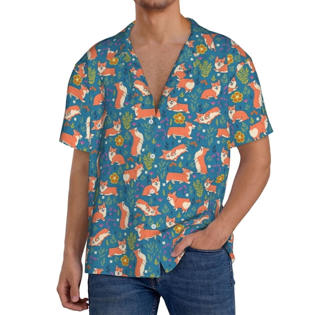 Fotbe Corgi with Flowers Camisa Estampada de Manga Corta para Hombre, Casual de Verano, Estilo Playero, Sin Arrugas-Large
