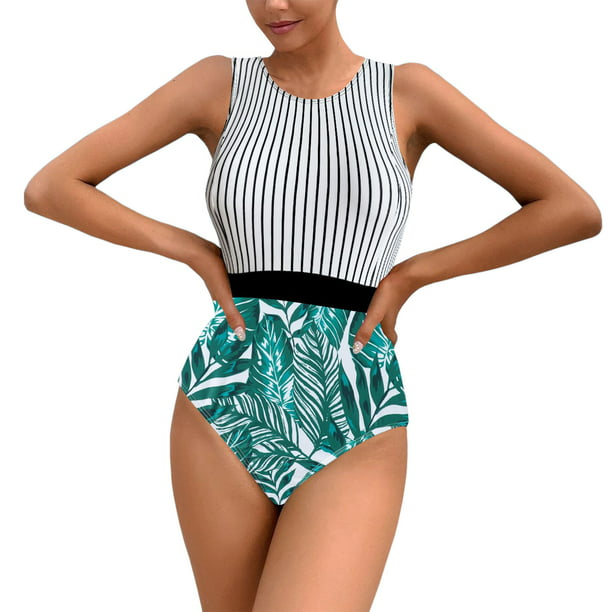 PMUYBHF Female Women's Tankini Swimsuits with Bra Support Women Cutout  Swimsuits High Waisted Halter Front Tie Knot Bathing Suit Striped Print
