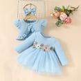 thumbnail image 2 of Odeerbi Toddler Girls Fall Winter Outfits Tulle Rib Knit Dress Ruffle Shrugs Set Floral Ruffle Sleeve Top Jacket Long Sleeve Dress Headband Three Piece Set Toddler Clothes Light Blue, 2 of 9