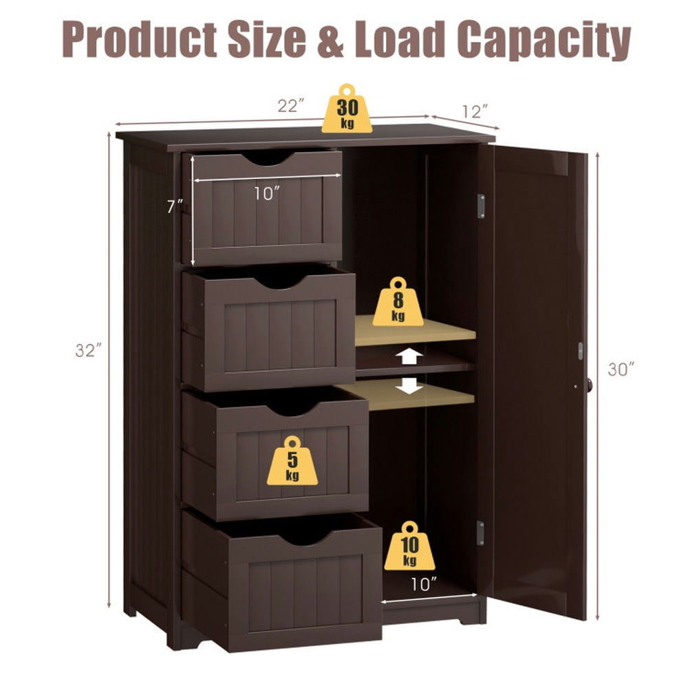 Finihen Storage Cabinet, Floor Cabinet, Standing Indoor Wooden Cabinet with 4 Drawers, for Bathroom, Living Room, Bedroom, Kitchen, Brown