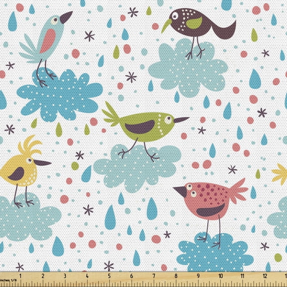 Animal Art Upholstery Fabric by the Yard, Pattern Image of Birds on Clouds and Rain Drops Art Print, Decorative Fabric for DIY and Home Accents, 5 Yards, White and Multicolor by Ambesonne