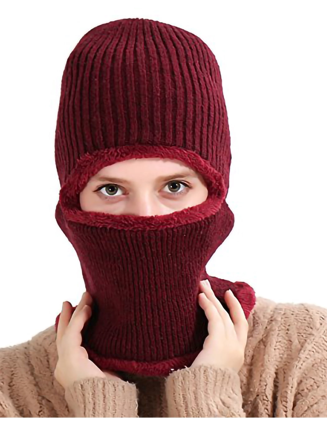 Women Men Solid Unisex Cycling Ski Mask Winter Knitted Balaclava Beanie Hat, Red, One Size