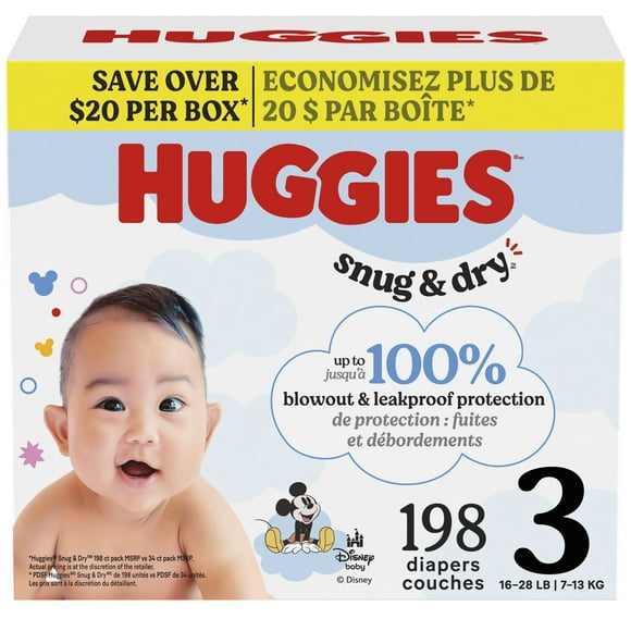 Couches Huggies Snug & Dry pour bébé, taille 3 (16 à 28 lb), 198 unités
