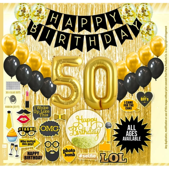50th Birthday Decoration Black and Gold for Boy & Girl, 50th Cake Topper, 50th Party Supplies for Her and Him, 50th Birthday Photo Props
