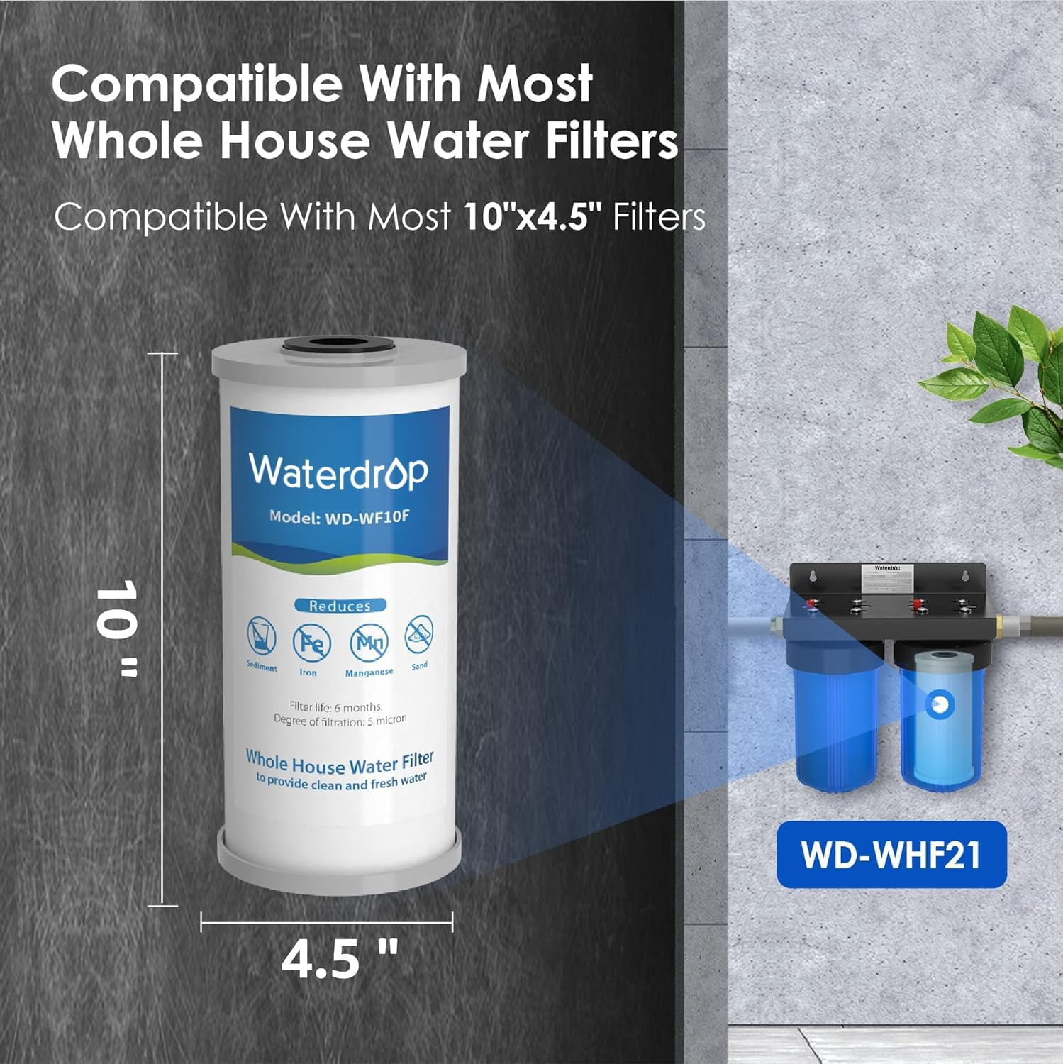Waterdrop Whole House Water Filter, Iron Filter, Sediment Filter for Well Water, Reduce Manganese, Replacement for Ispring, GE®, Waterdrop, Any 10" x 4.5" Whole House Water Filters System, 5 Micron