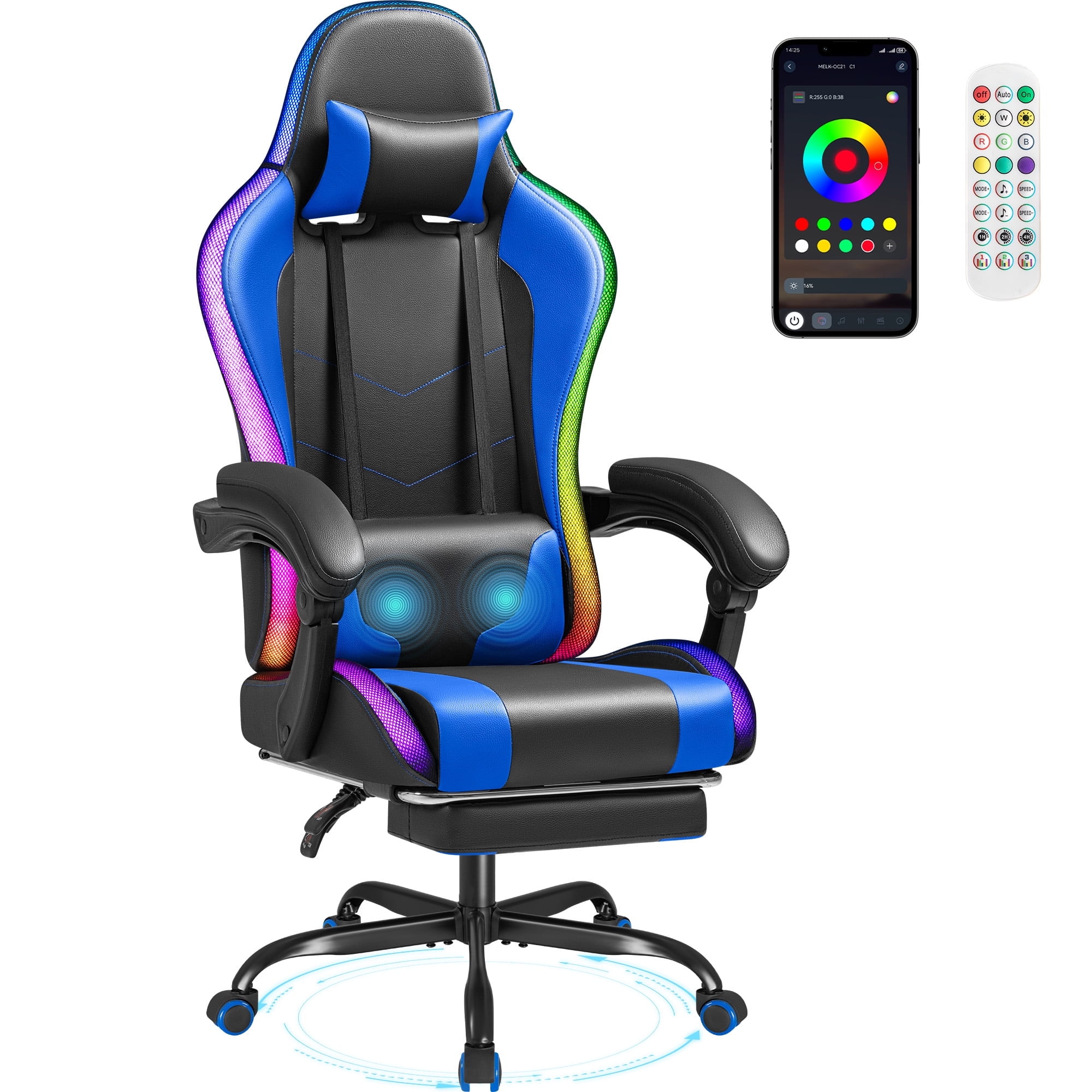 Homall RGB Gaming Chair with APP & Remote Control, LED Lights Ergonomic Computer Chair with Footrest & Massage Lumbar Support, Blue