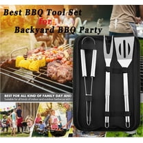 Stainless Steel BBQ Grill Utensil Set - 3-Piece Kit with Spatula, Fork & Tongs | 13.7" Dishwasher Safe Tools | Hanging Loop & Storage Bag | Perfect for Grilling Burgers, Steak, Chicken & More