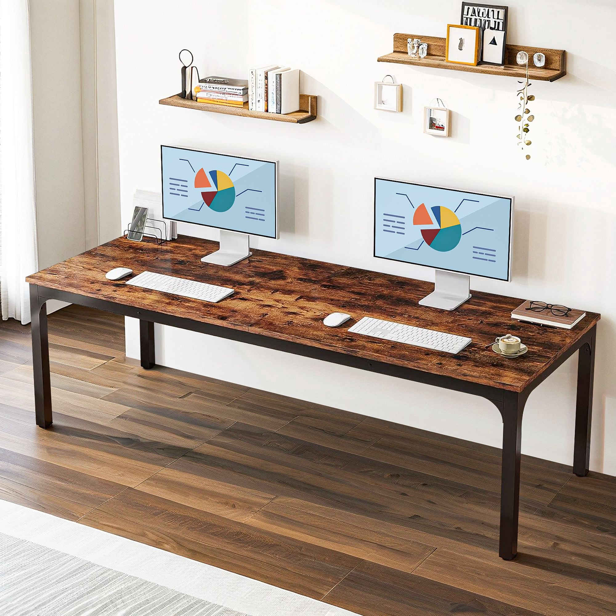 Demi Bonn 78" Executive Computer Desk with Metal Frame, Modern Duty Study Writing Gaming Table for Home Office, Rectangle Conference Table, Brown