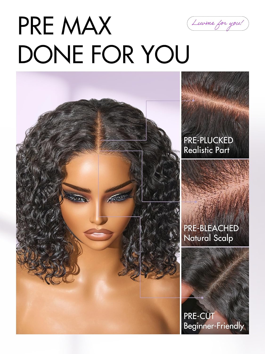 LUVME 5x5 HD Lace Front Deep Curly 10" 100% Human Hair Wigs Glueless Pre Cut Plucked Natural Color Straight Bleached Knots
