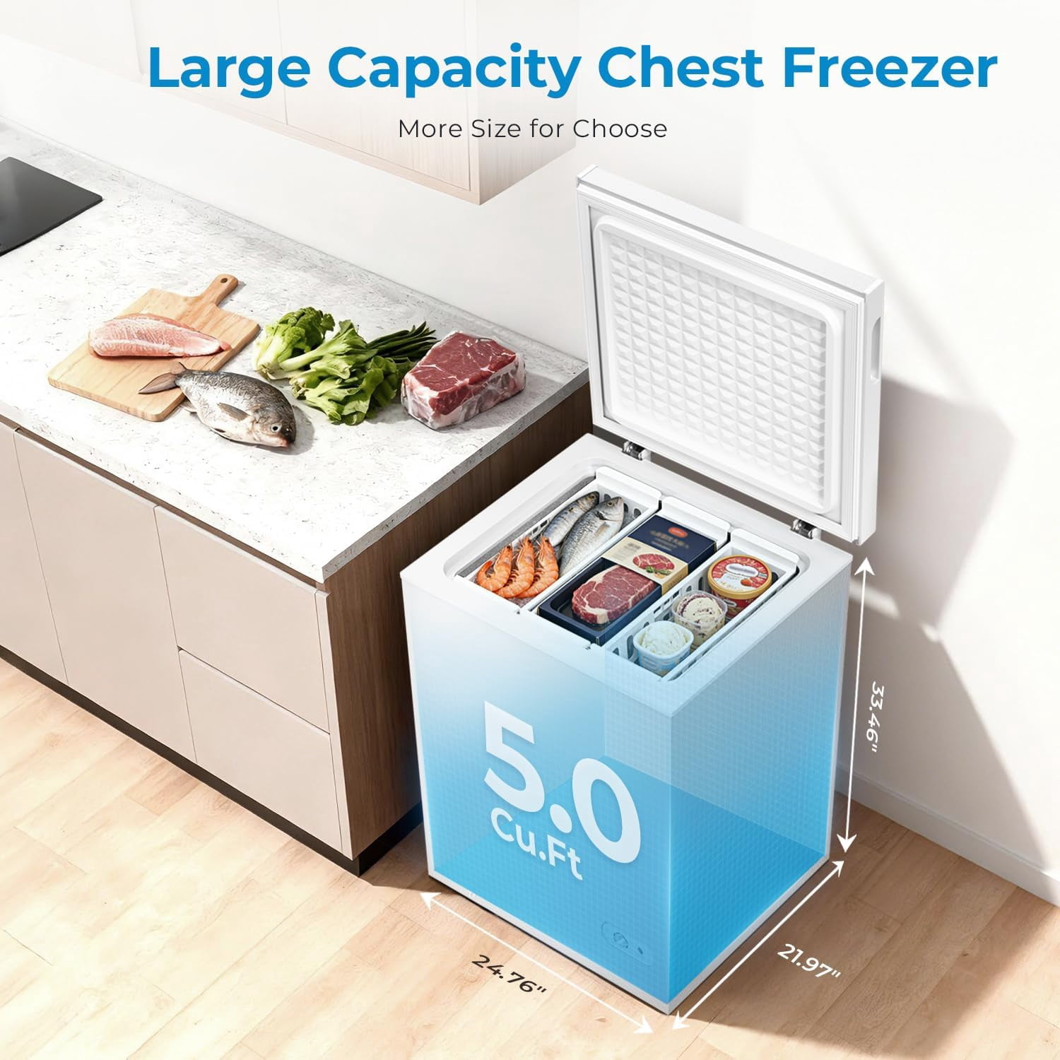 WAA 5.0 Cu.Ft Chest Freezer 3 Removable Baskets,Adjustable Temp for Home Bar Kitchen