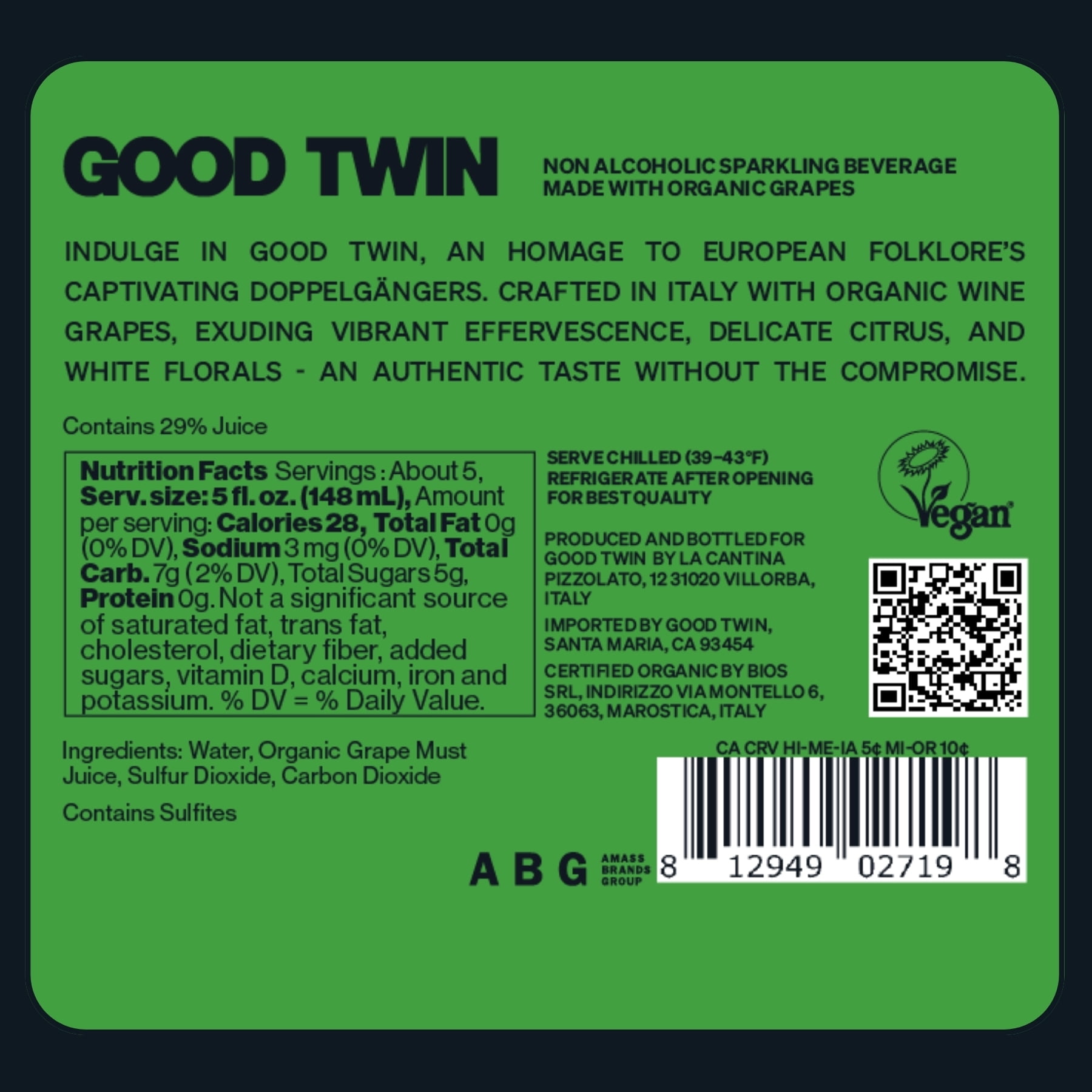Good Twin Non Alcoholic Sparkling White Wine Alternative - (2) 750ml Bottles - Organic