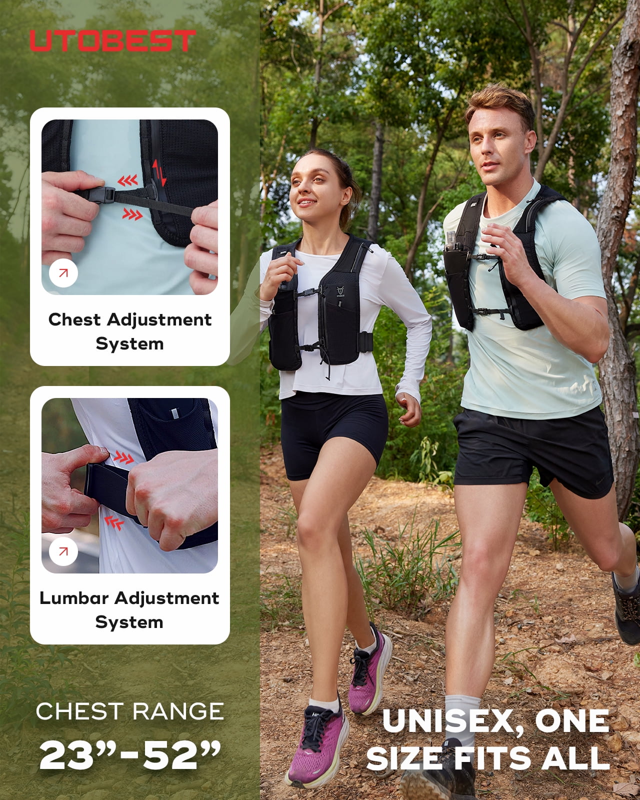 UTOBEST UTR113 Reflective Running Vest Hydration Pack Adjustable Phone Holder with 500ml Soft Flask and Led Light, S