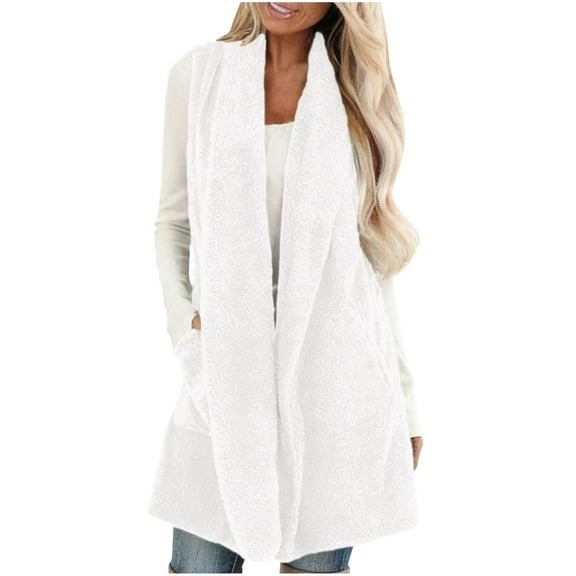 UAMVSH Womens Fleece Vest Sherpa Warm Sleeveless Long Jacket Cozy Fuzzy Open Front Cardigan Overcoat with Pockets Winter Clothing