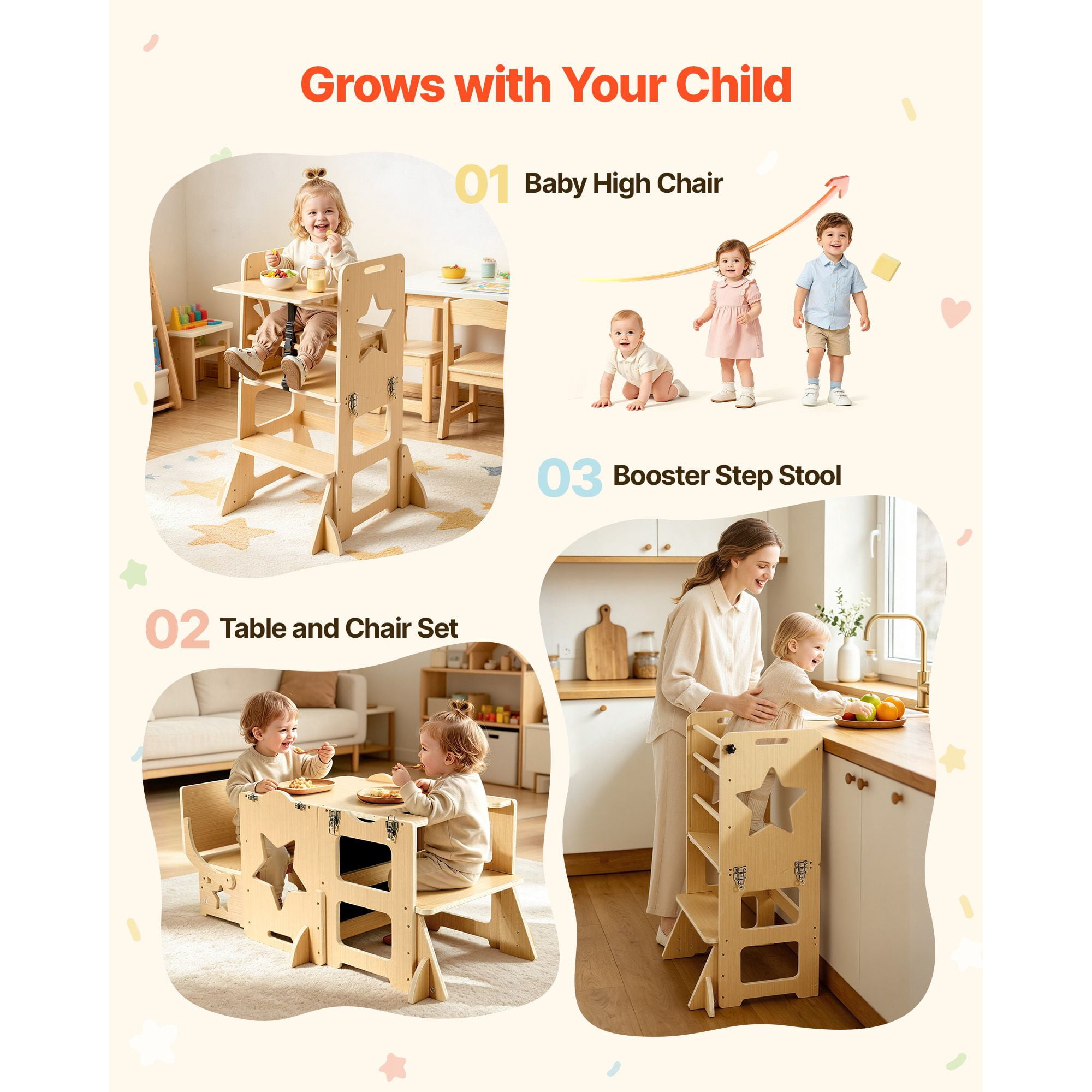 Toddler Tower, Wooden, 6 in 1 Kitchen Step Stool for Kids 1-5, Montessori Weaning Table and Chair Set, Learning Standing Tower with Blackboard & Feeding Tray, for Bathroom and Kitchen Counter